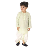 Thumbnail for Little Bansi Green and Cream Color Golden Striped Kurta and Dhoti