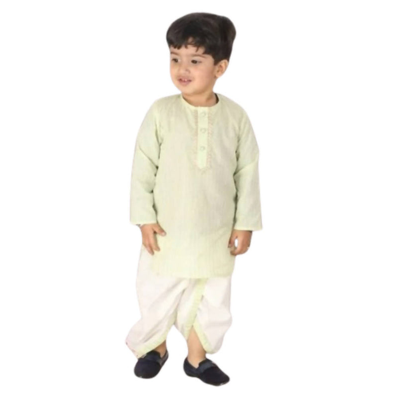 Little Bansi Green and Cream Color Golden Striped Kurta and Dhoti