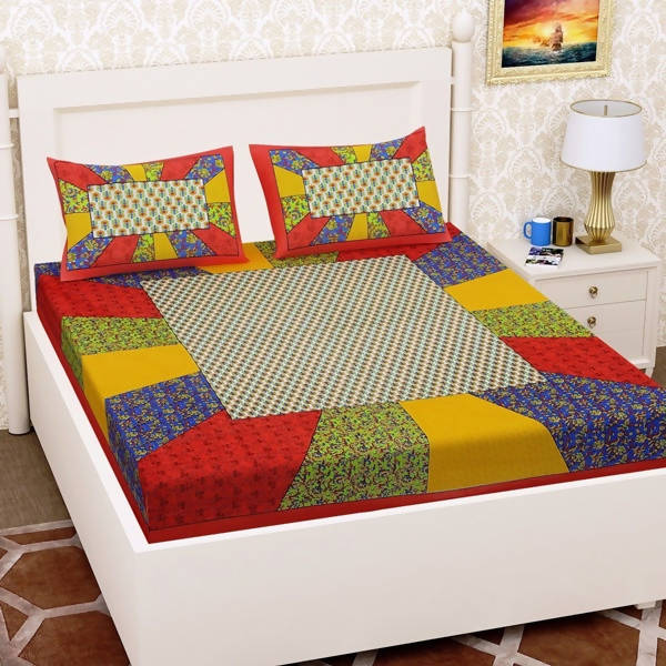 Vamika Printed Cotton Red & Multicolor Bedsheet With Pillow Covers (LEOC_CHOK_R) - Distacart