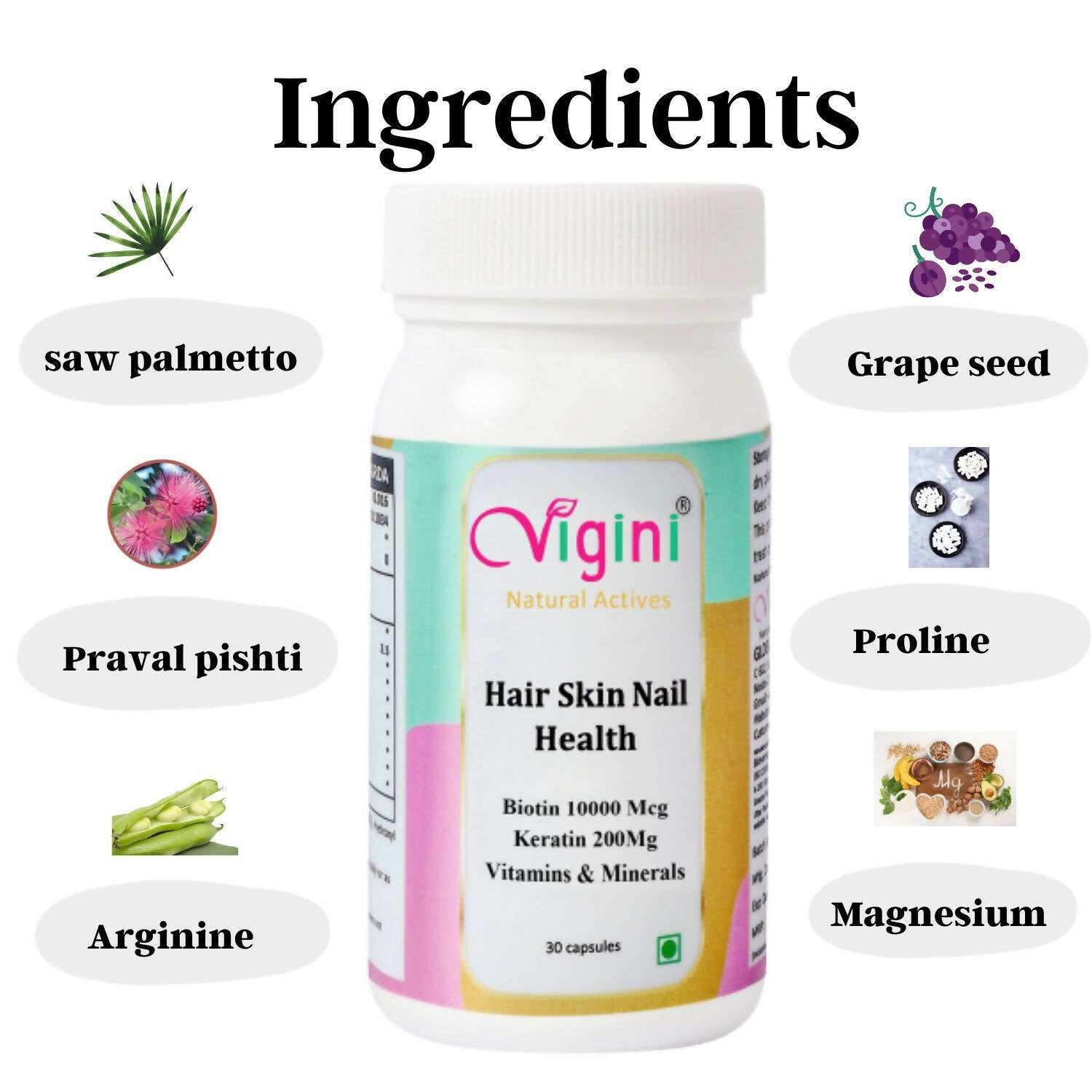 Vigini Natural Active Hair Skin Nail Health Capsules for Men Women - Distacart