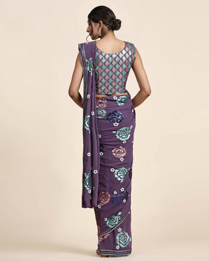 Purple Pure Georgette Sequence work Ready to wear Saree with stitched Blouse - Nirvana - Distacart