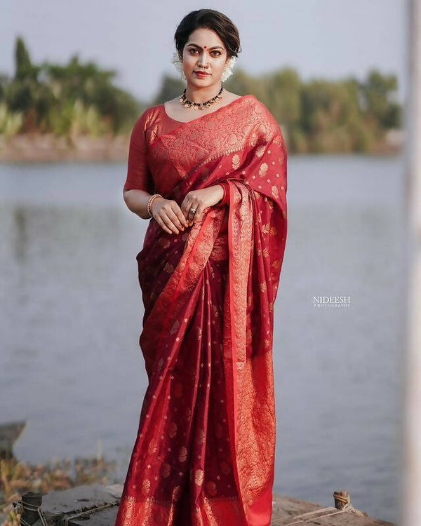 DEIANA'S Beautiful Golden Jari with New Design Soft Lichi Silk Saree - Maroon - Distacart
