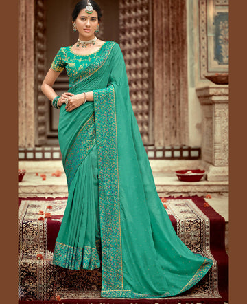 Sea Green Vichitra Stone Work Saree With Unstitched Blouse Piece - Rosy - Distacart