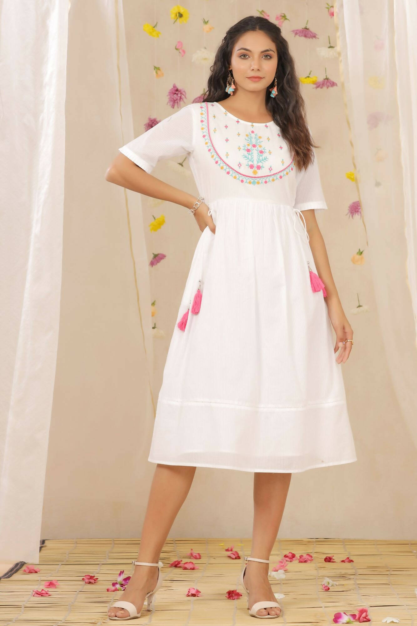 Juniper Women White Cotton Dobby Embroidered A-Line Dress - Distacart