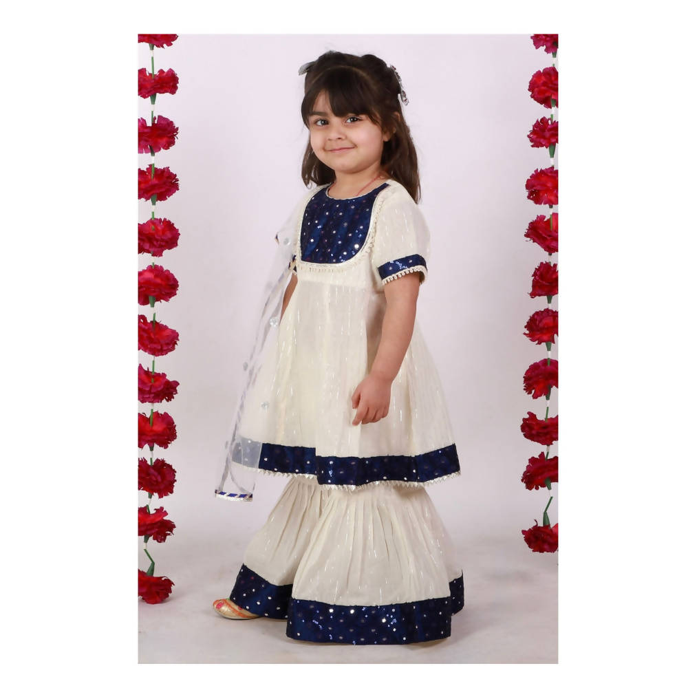 Little Bansi Cream and Indigo Mirror work Kurta Frock with Sharara and Dupatta