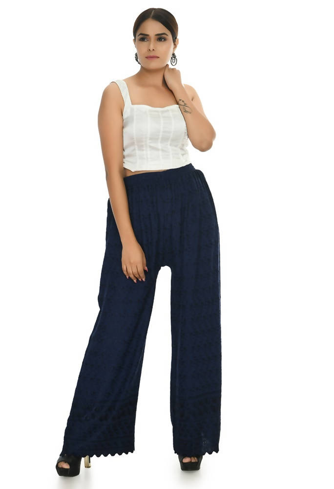 Mominos Fashion Moeza Reyon Cotton Navy Blue Chikan Work Palazzo