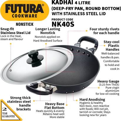 Hawkins Futura Non-stick Kadhai 30 cm Diameter with Lid 4 L (NK40S) - Distacart