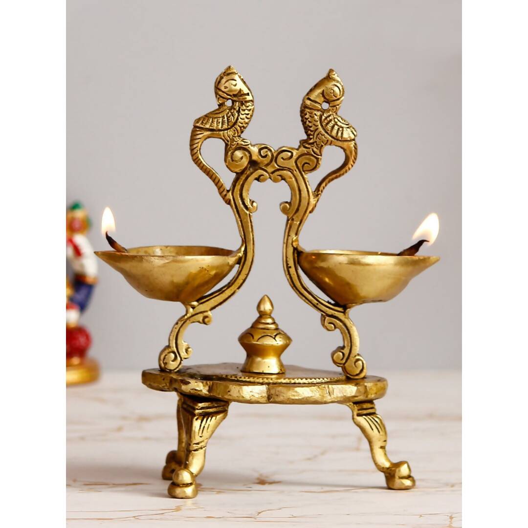 eCraftIndia Gold Toned Parrot Design Brass Handcrafted Diya With Stand - Distacart