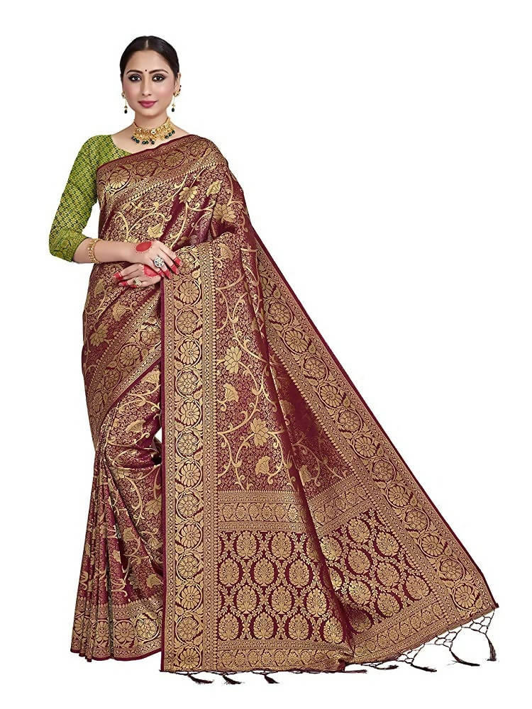 Vardha Women's Maroon Color Kanchipuram Raw Silk Saree with Unstitched Blouse Piece