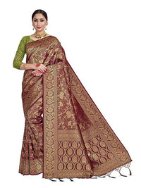 Thumbnail for Vardha Women's Maroon Color Kanchipuram Raw Silk Saree with Unstitched Blouse Piece