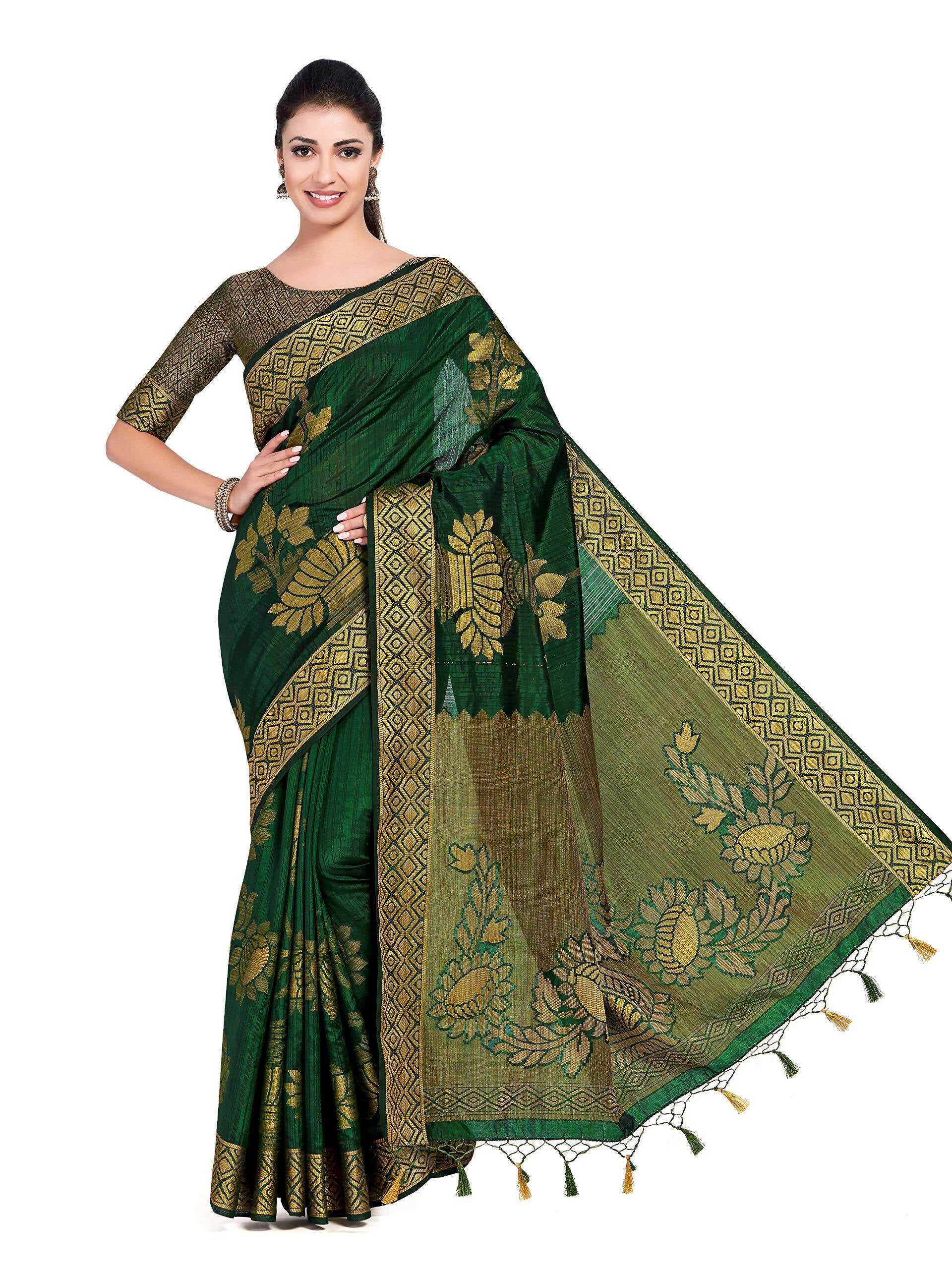 Mimosa Women's Dark Green Kanchipuram Art Silk Saree - Distacart