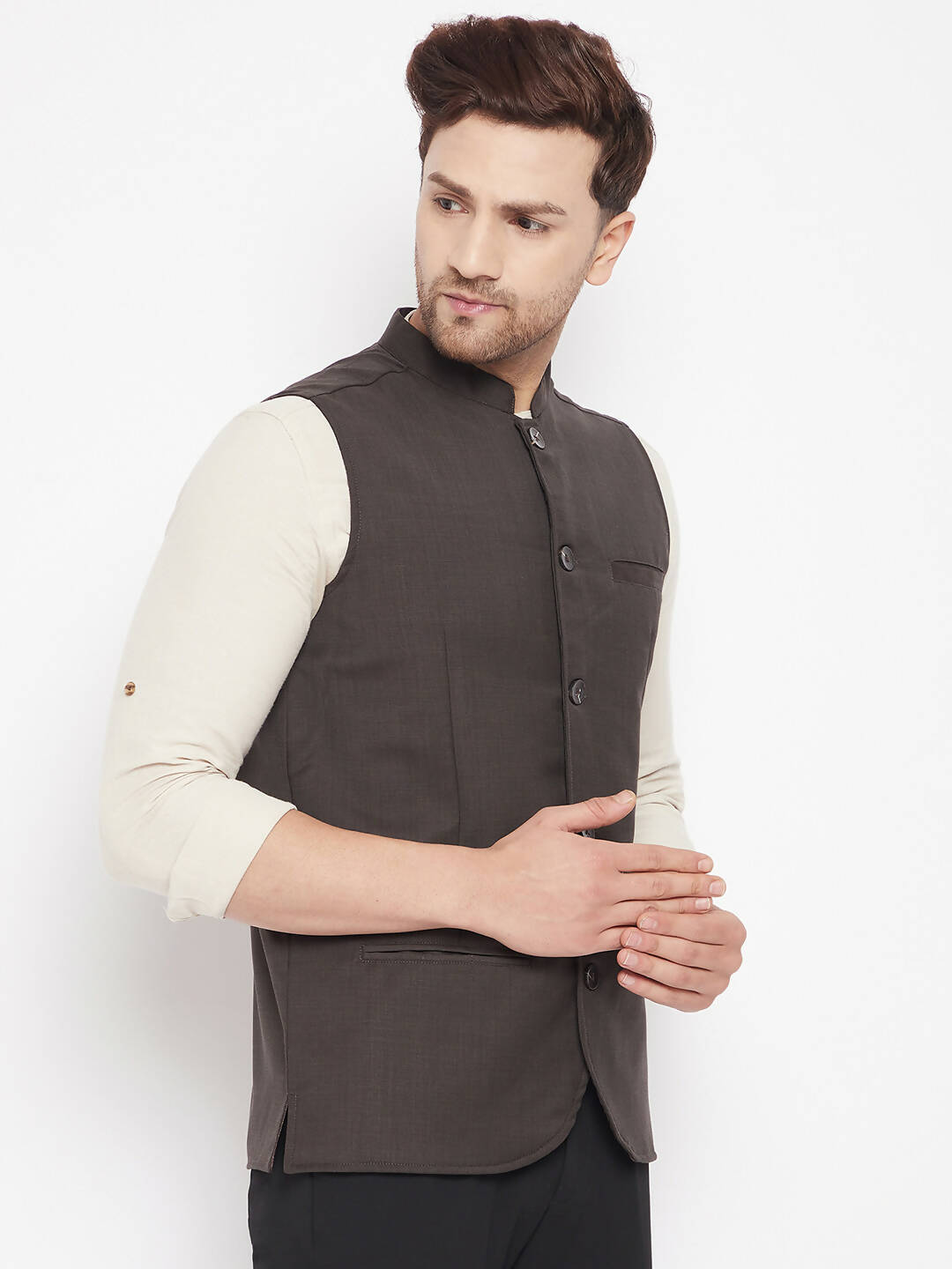 Even Apparels Brown Merino Men Woven Nehru Jacket - Distacart