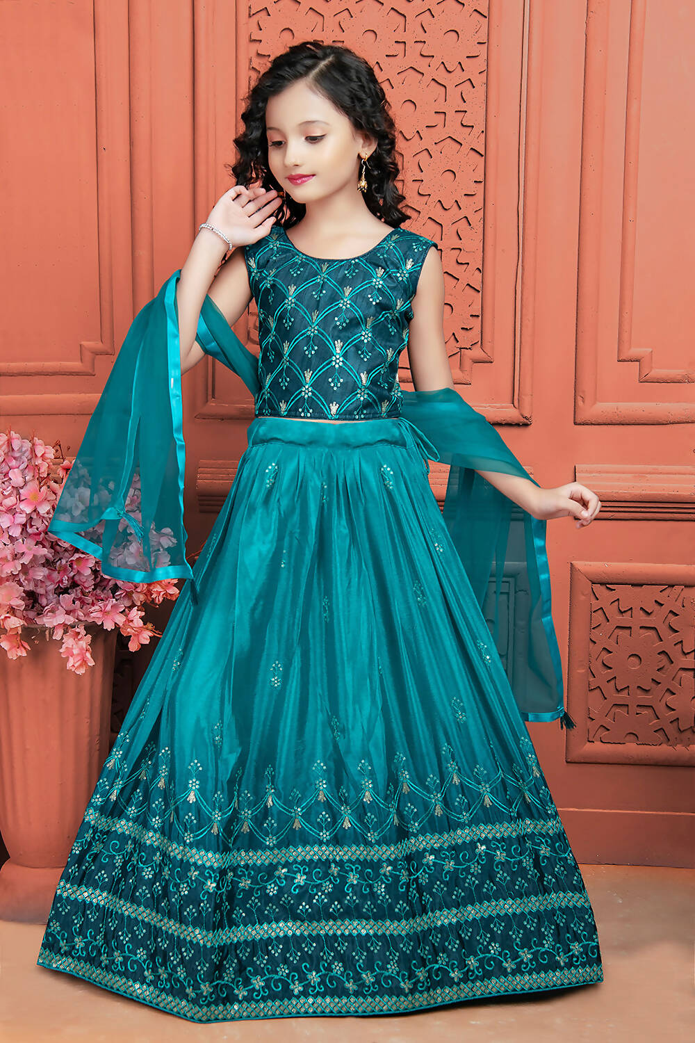 Kids Wedding Designer Teal Soft Chinon Silk Lehenga Choli - Aaradhna - Distacart