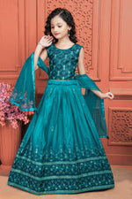Thumbnail for Kids Wedding Designer Teal Soft Chinon Silk Lehenga Choli - Aaradhna - Distacart