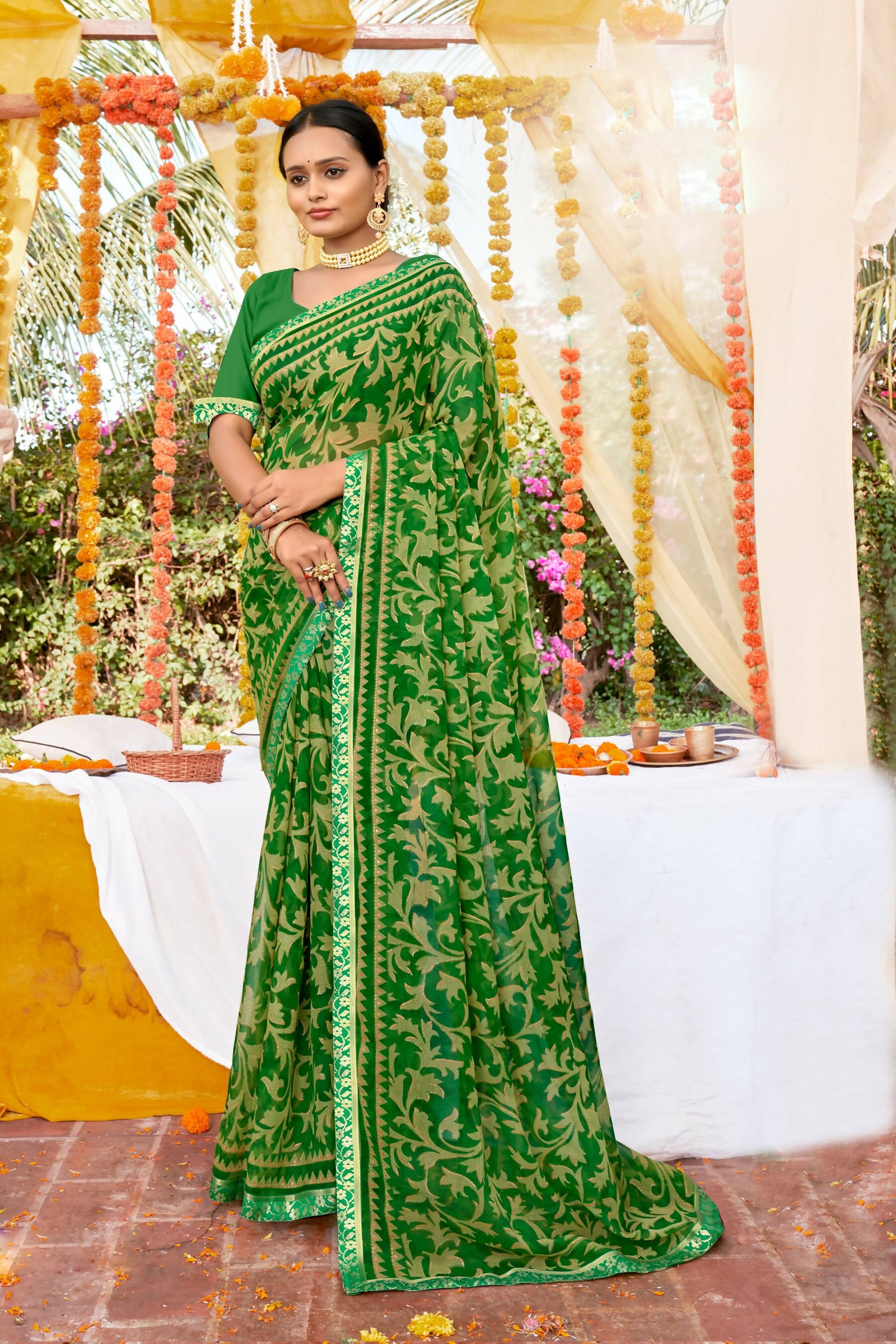 Green Georgette Foil Printed Saree with Unstitched Blouse piece - Avika - Distacart