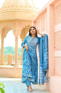 Thumbnail for Yufta Women Blue Floral print Pure Cotton Anarkali Kurta with Trouser and Dupatta