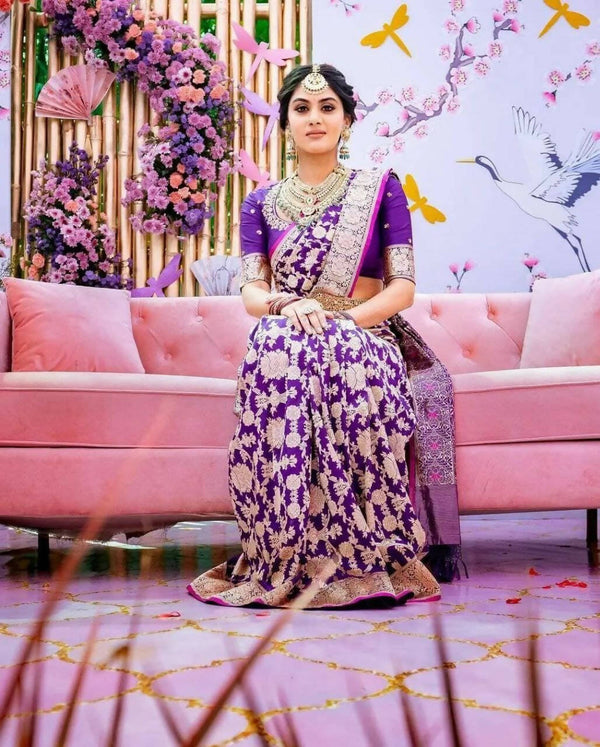 DEIANA'S Beautiful Golden Jari with New Design Soft Lichi Silk Saree - Purple - Distacart