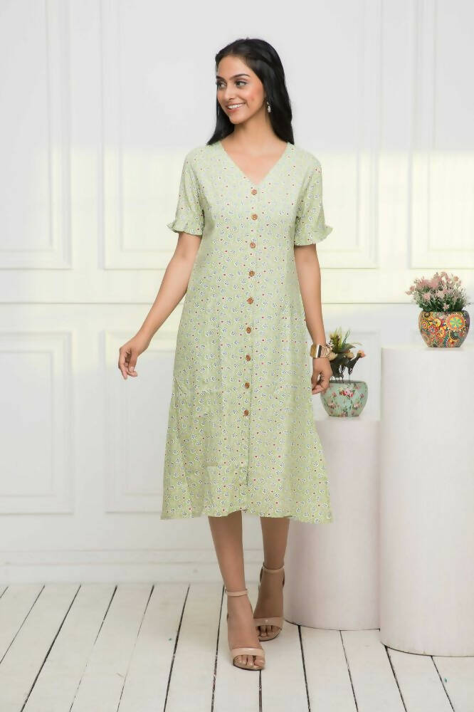 Myshka Women Green Ethnic Motifs Rayon A-Line V-Neck Dress - Distacart