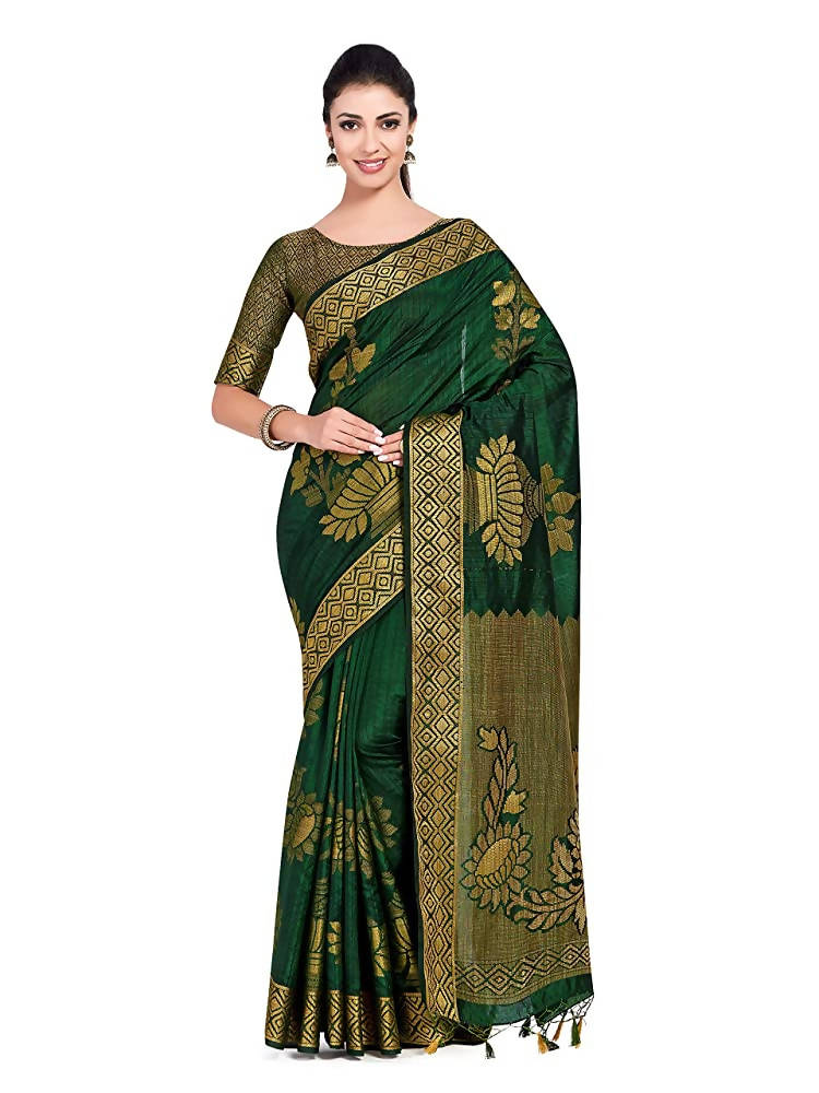 Mimosa Women's Green Kanchipuram Pure Silk Saree With Unstitched Blouse Piece