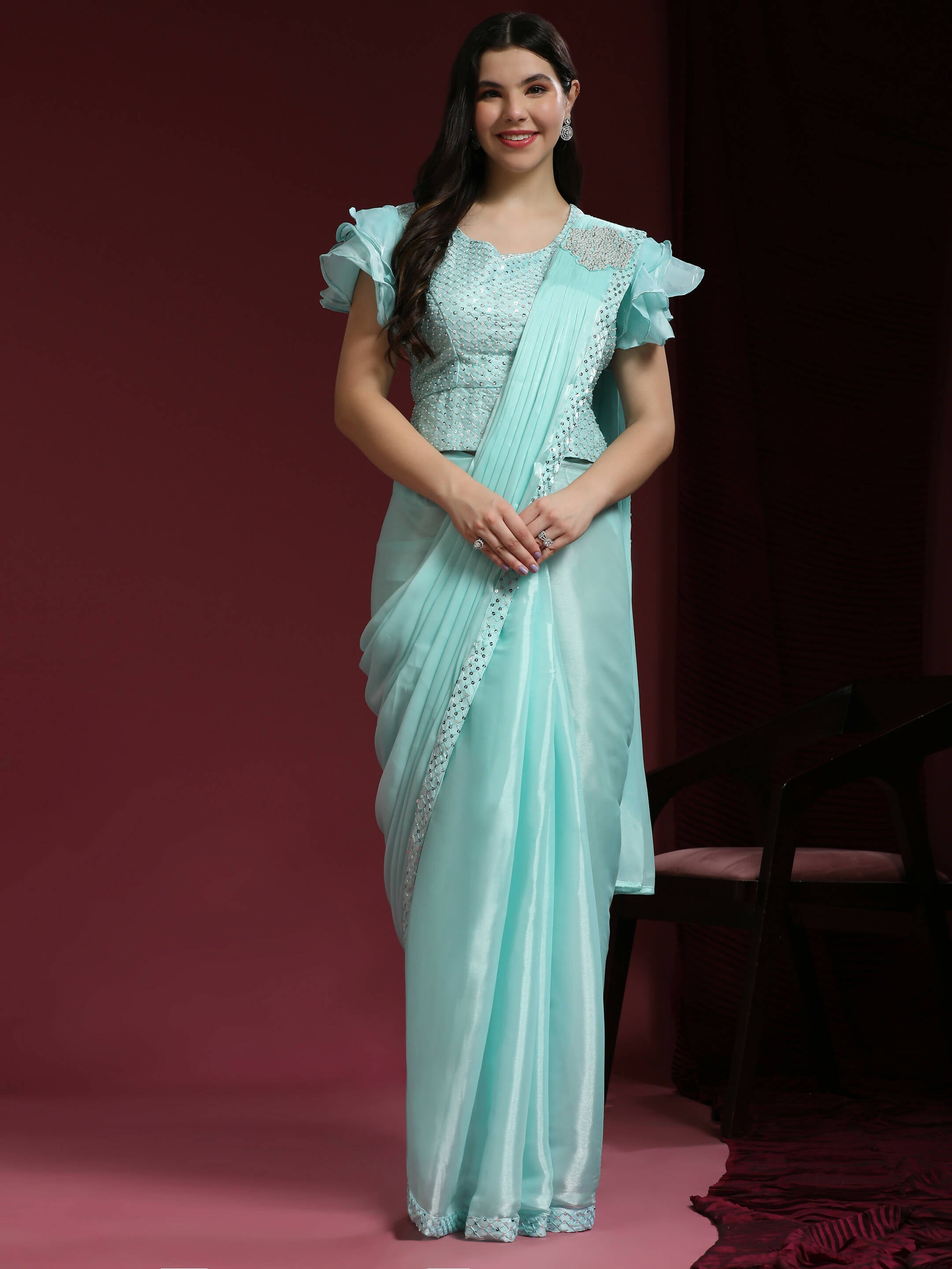 Light Blue Silk Satin Sequence Work Ready to Wear Saree with stitched Blouse - Nirvana - Distacart