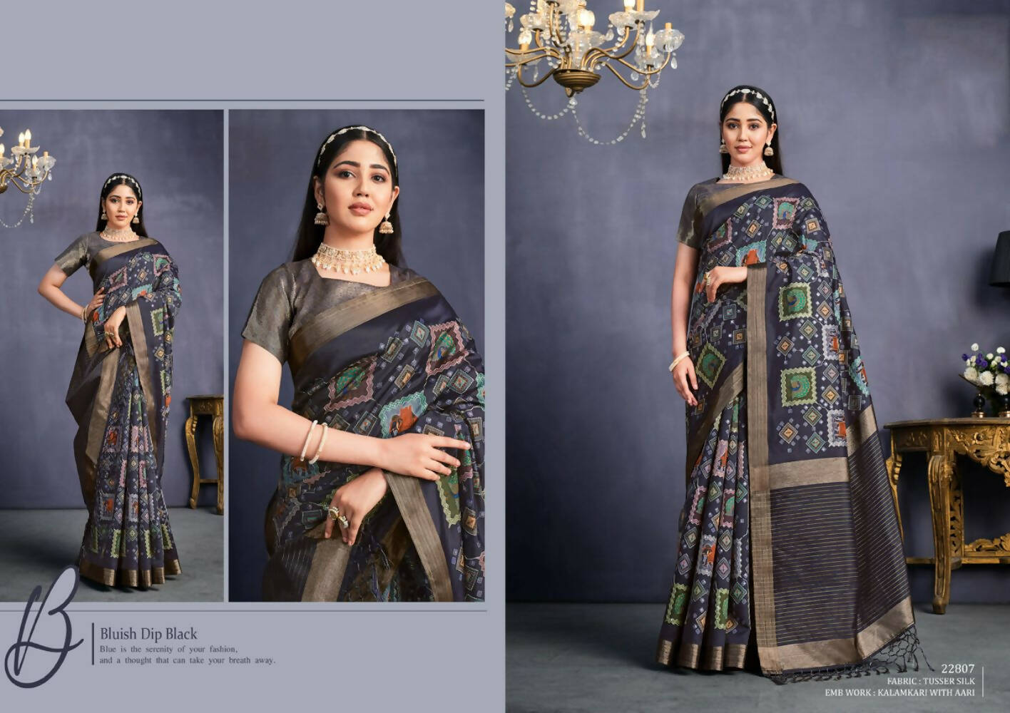 Navy Blue Tusser Silk Geometric Printed Saree With Unstitched Blouse - Mohmanthan Aahana - Distacart