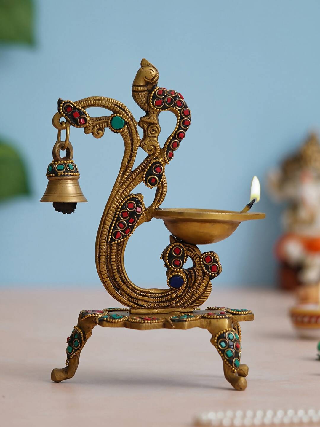 eCraftIndia Gold Toned Peacock Shaped Traditional Brass Diya With Bell & Stand - Distacart