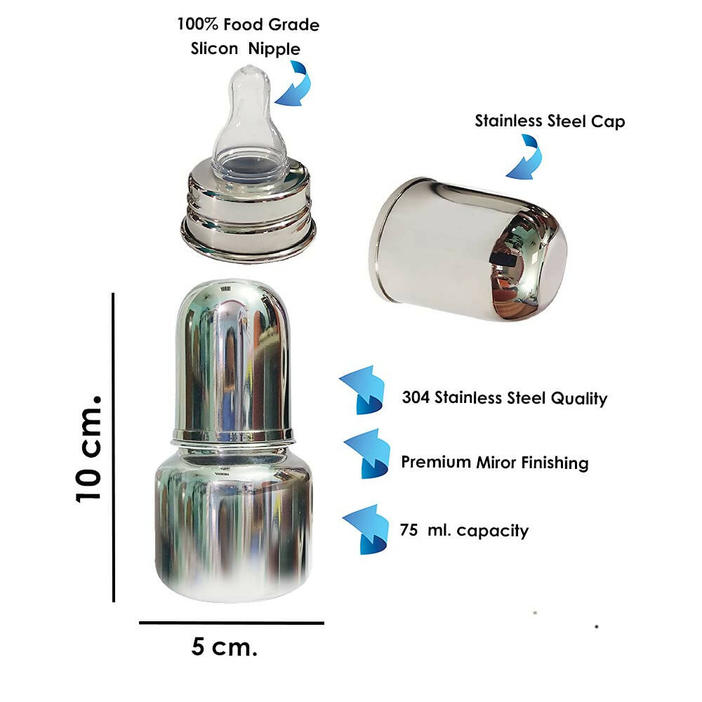 Goodmunchkins Stainless Steel Feeding Bottle with Anti Colic Silicone Nipple/Bottle Cleaning Nylon Brush (75ml, Pink) - Distacart