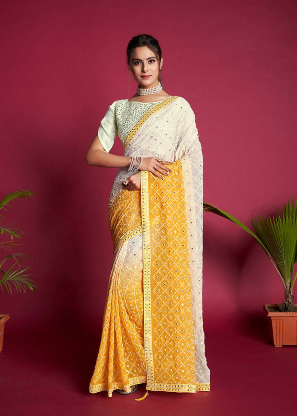 Vastrasky Yellow & White Georgette Designer Saree - Distacart
