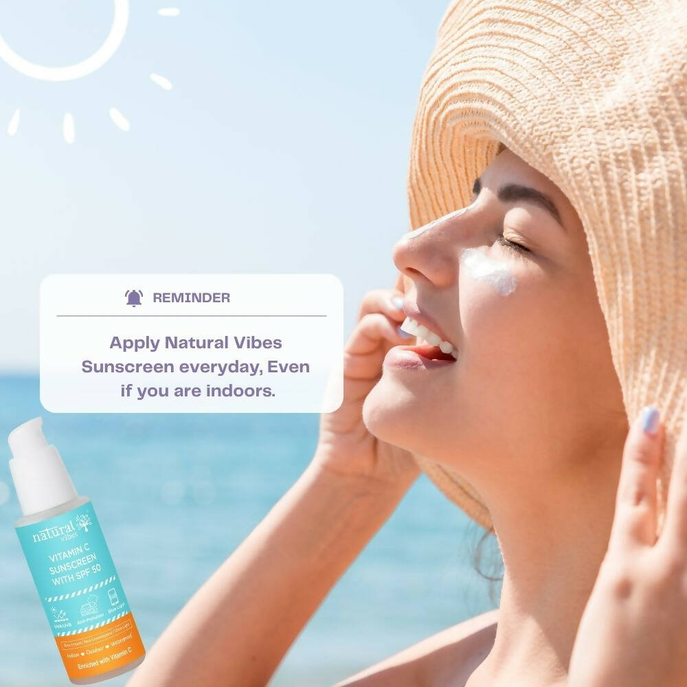 Natural Vibes Vitamin C Sunscreen SPF 50 + - UVA/UVB rays, Blue Light & Pollution Protection - Distacart
