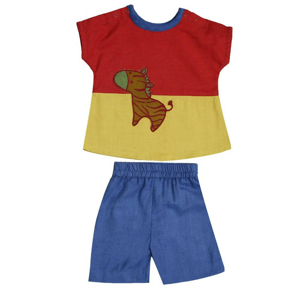 Mhyssa Morty Sleeve Red yellow T-shirt With Blue Shorts Set For Kids - Distacart