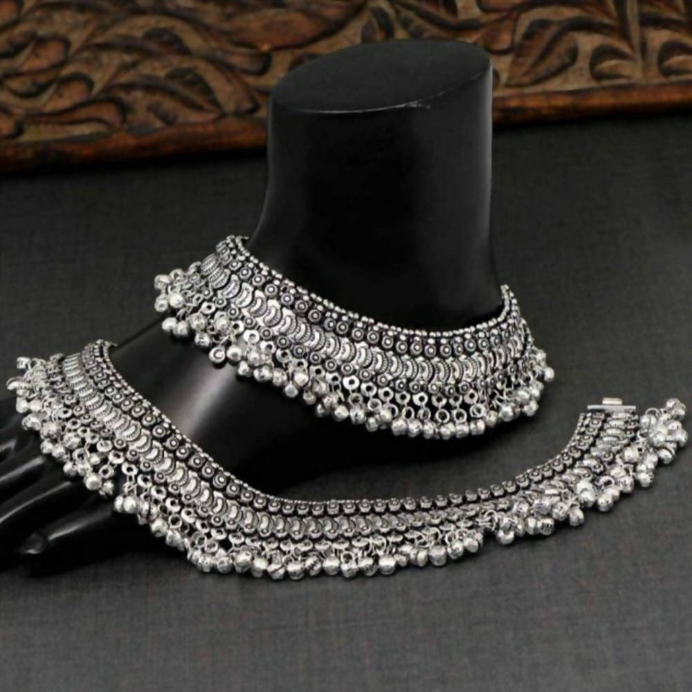 Mominos Fashion Trendy Oxidised Silver Plated Anklets For Weddings