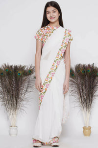 Thumbnail for Little Bansi Floral Print Ready To Wear Saree And Floral Blouse - White - Distacart