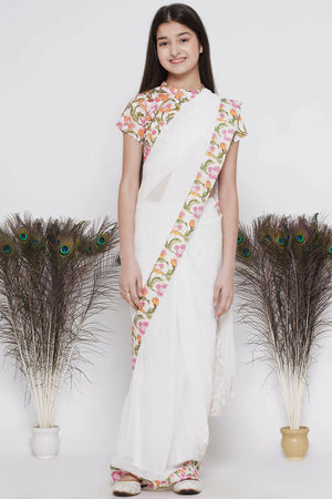 Little Bansi Floral Print Ready To Wear Saree And Floral Blouse - White - Distacart