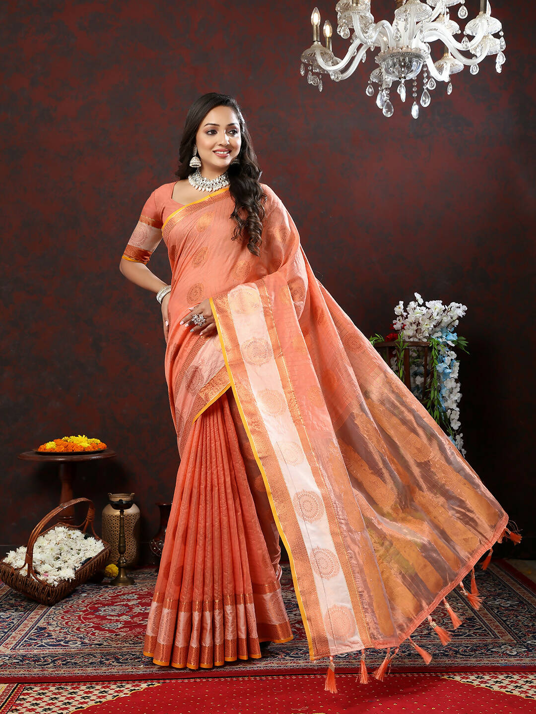 Lorenvalley Fashion Peach Cotton with Woven Design Zari Weaving Saree - Distacart