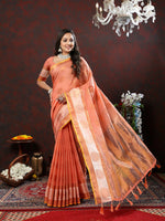 Thumbnail for Lorenvalley Fashion Peach Cotton with Woven Design Zari Weaving Saree - Distacart
