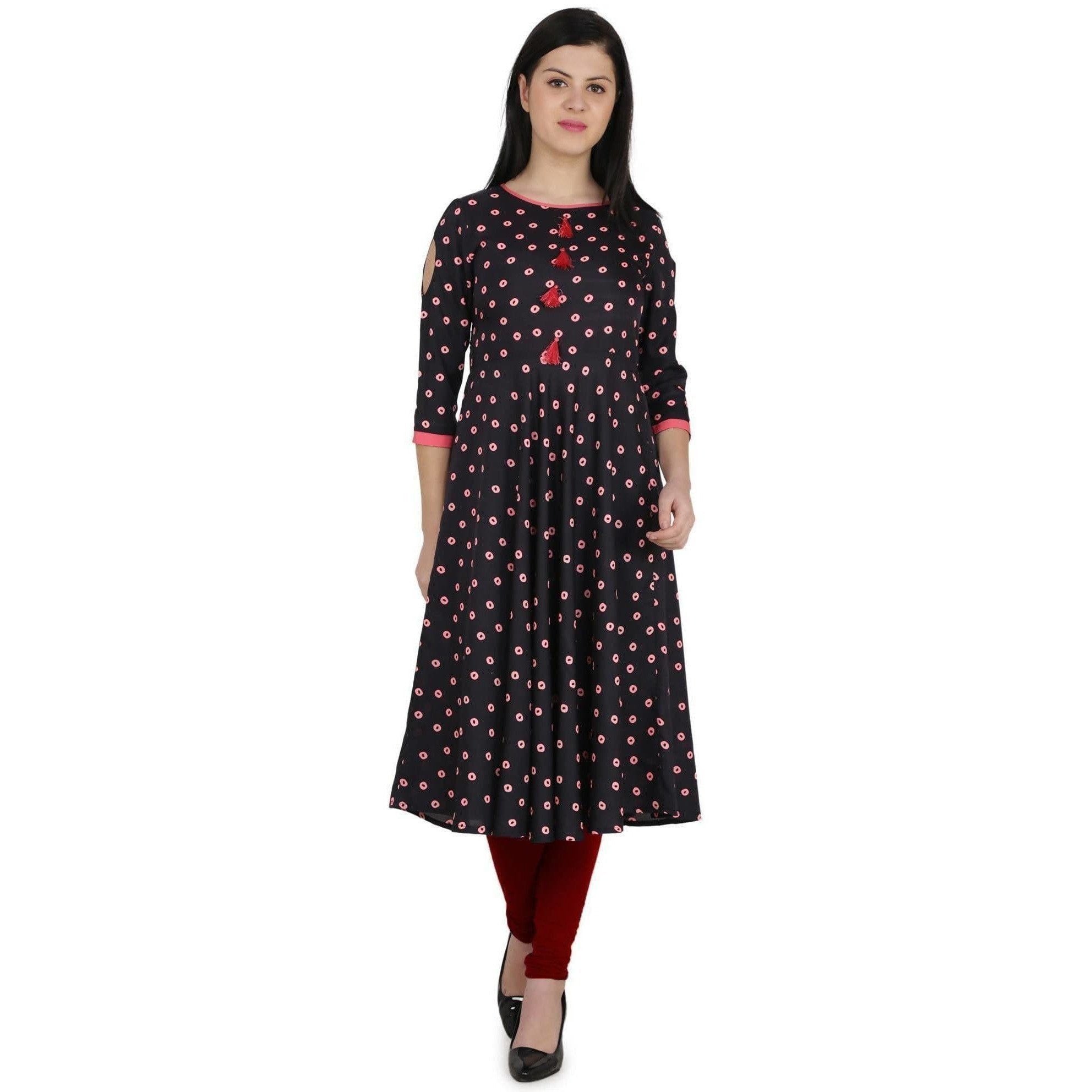 Kanoor Women's Black A line Round neck kurti