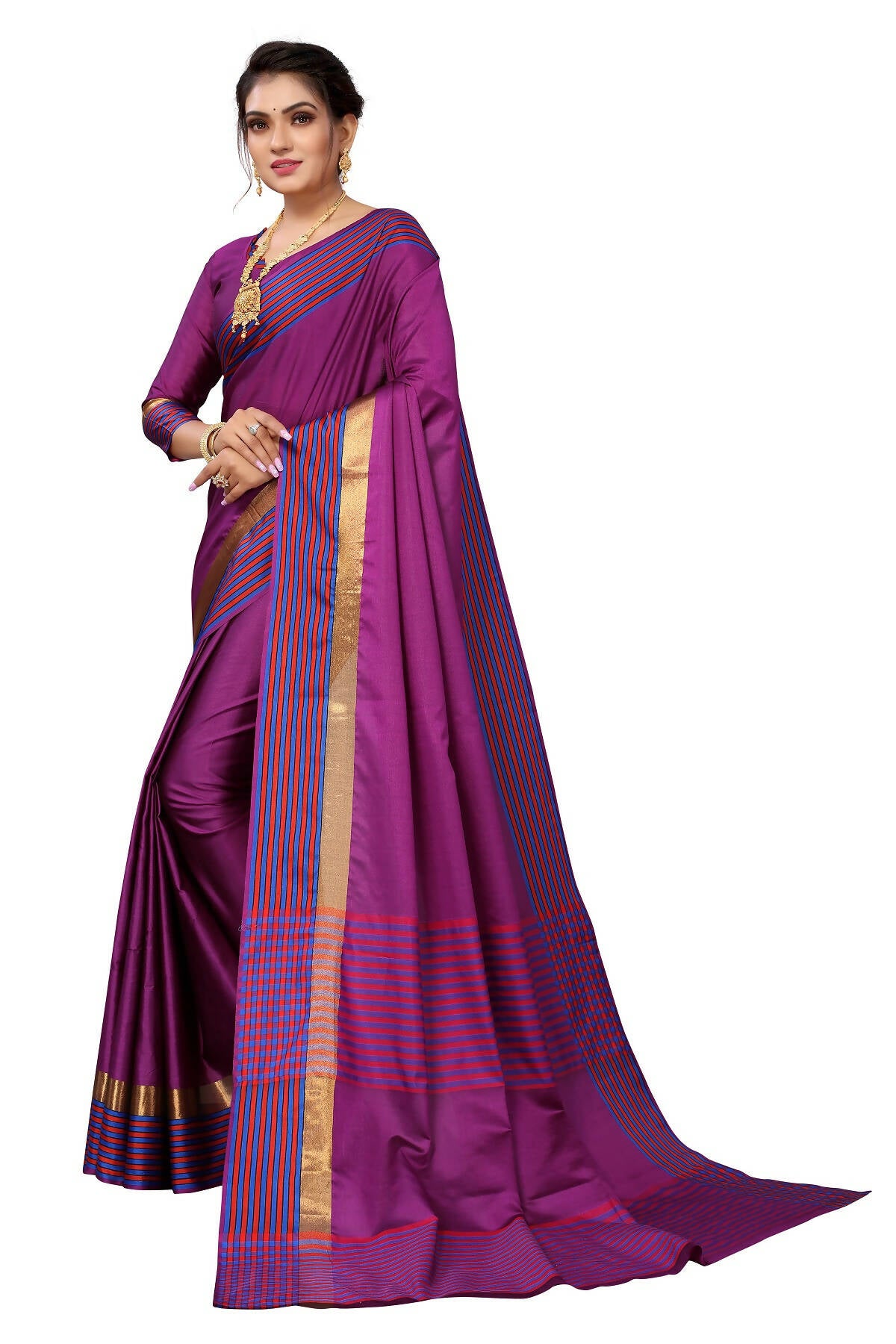 Vamika Ethnic Fire Purple Cotton Silk Saree - Distacart