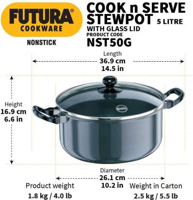 Hawkins Non-stick Stewpot 26 cm Diameter 5 L with Glass Lid (NST50G/Q37) - Distacart