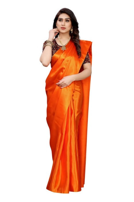 Vamika Plain Orange Satin Saree 
