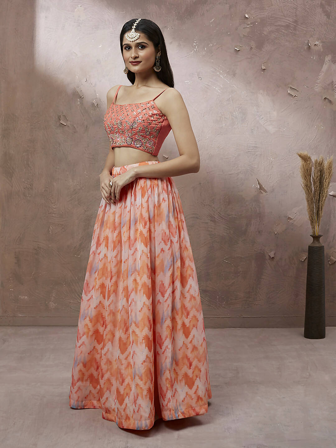 House of Panchhi Peach Organza Floral Printed Lehenga choli & Dupatta - Distacart