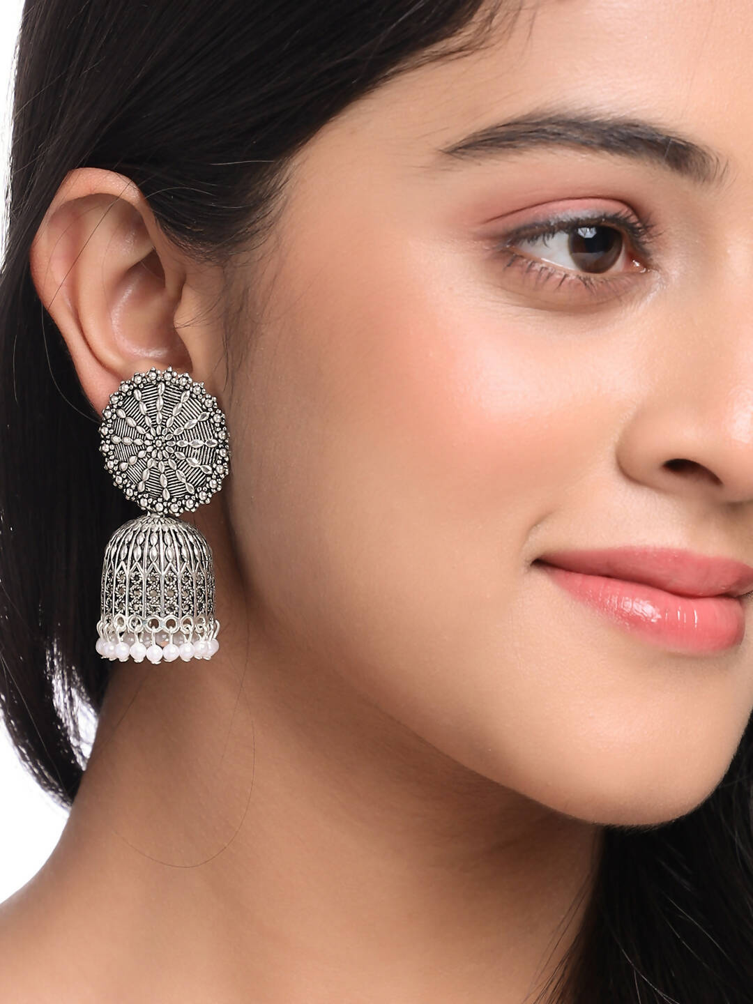 NVR Women Silver Toned Dome Shaped Jhumkas Earrings - Distacart