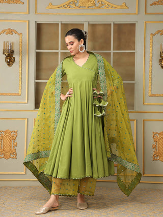 Pomcha Jaipur Green Saadgi Mehendi Green Mirror Work Angrakha Set - Distacart