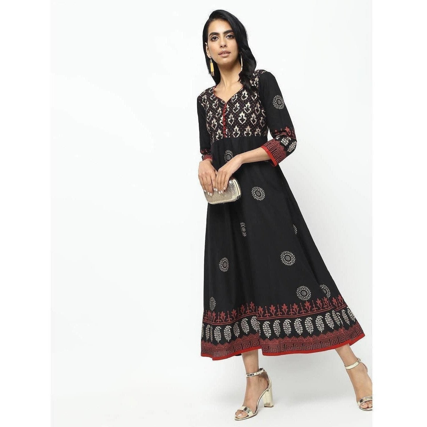 Cheera Front Contrast Butning And Beautiful Block Print Design Anarkali Kurta
