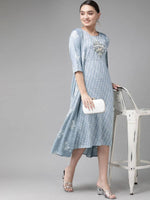 Thumbnail for Yufta Women Blue & White Floral Printed Ethnic A-Line Midi Dress with Jacket