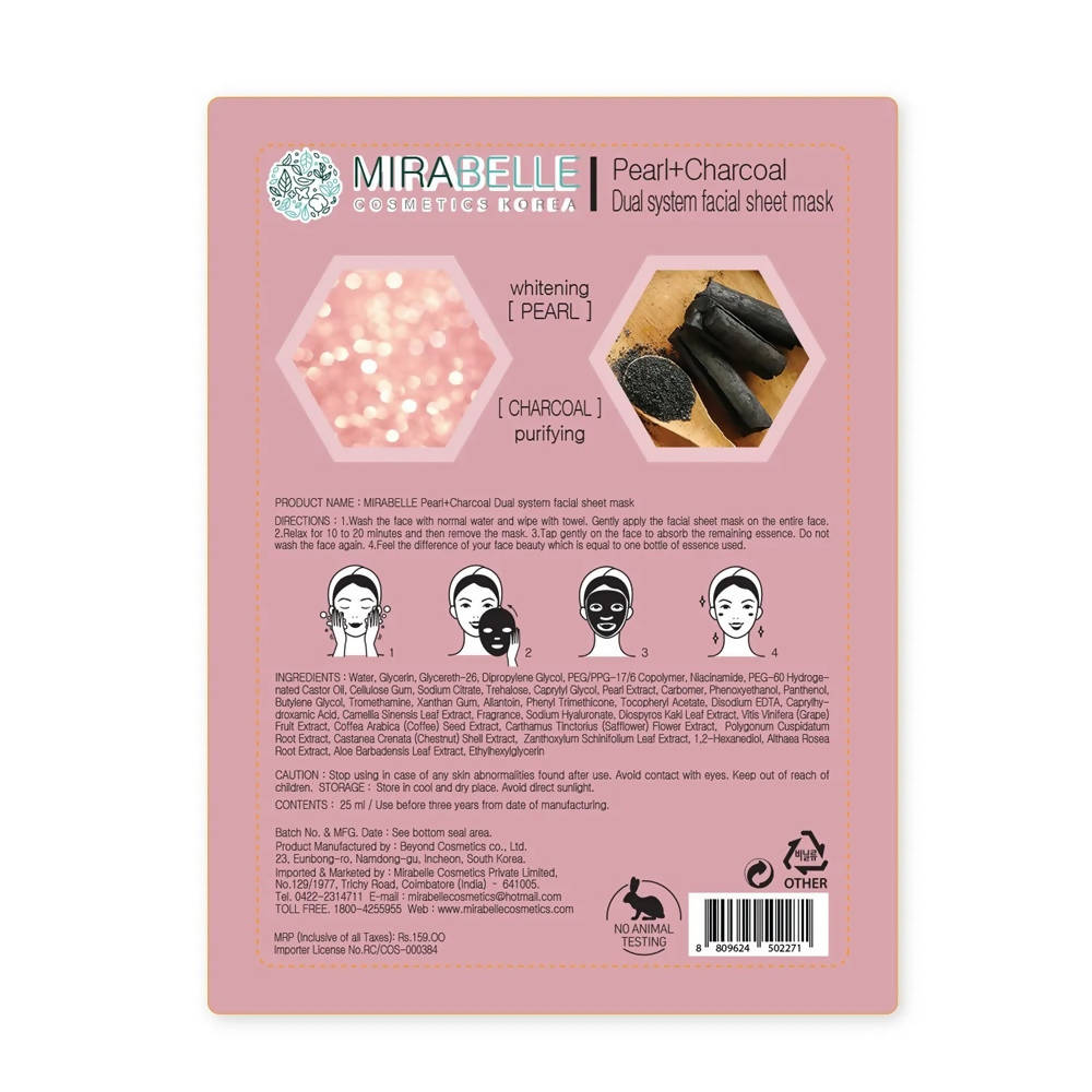 Mirabelle Korea Pearl + Charcoal Dual System Facial Sheet Mask - Distacart