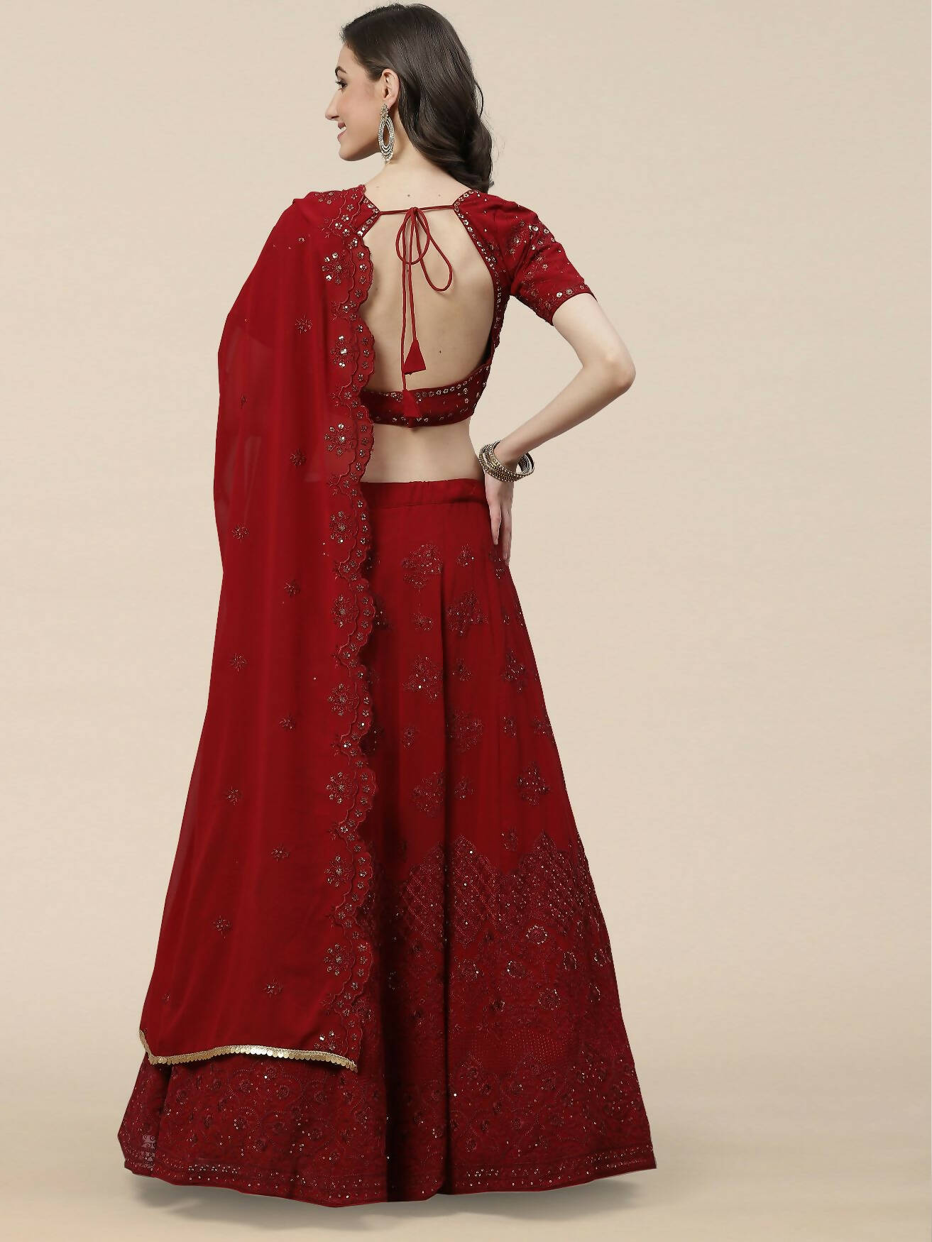 Maroon Georgette Thread with Sequins Embroidered work Lehenga Choli with Dupatta - Jivika - Distacart