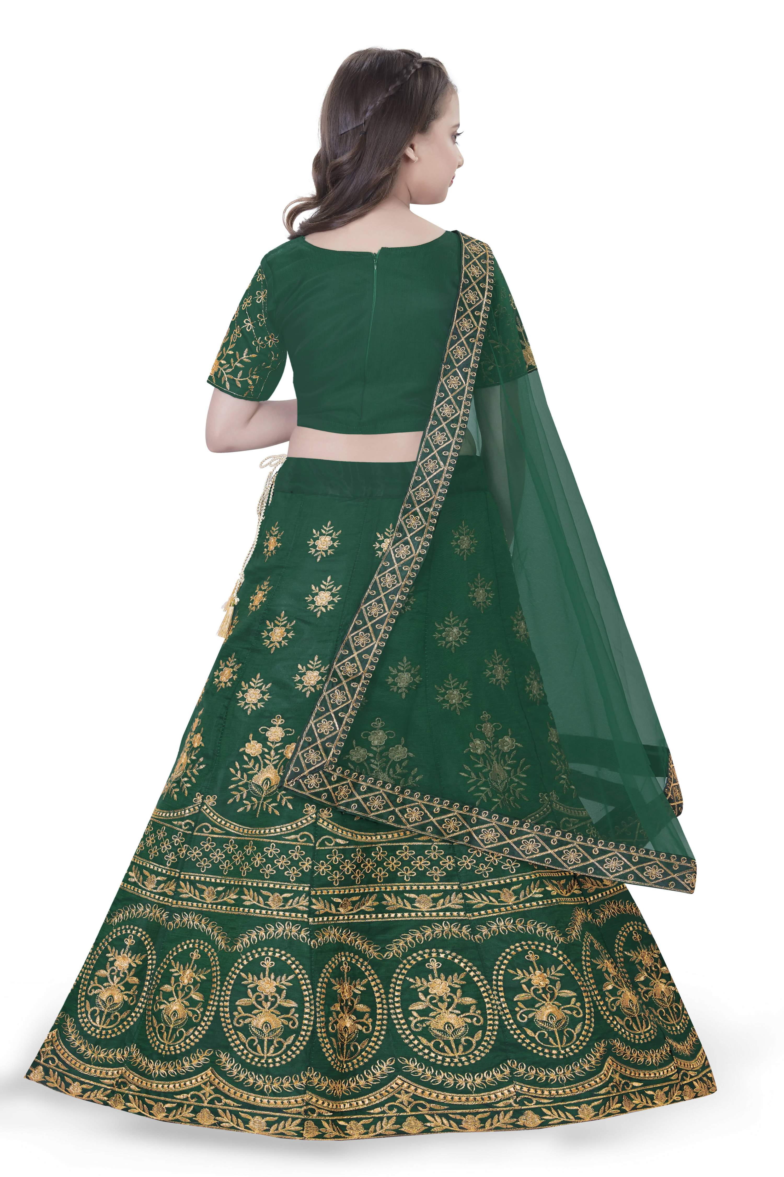Dwiden Green Lehriyu Tafetta Sattin Semi-Stitched Girl's Lehenga Choli - Distacart