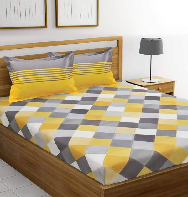 Vamika Printed Cotton Yellow & Multicolor Bedsheet With Pillow Covers (LEOC_CHECK_Y) - Distacart