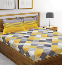 Thumbnail for Vamika Printed Cotton Yellow & Multicolor Bedsheet With Pillow Covers (LEOC_CHECK_Y) - Distacart
