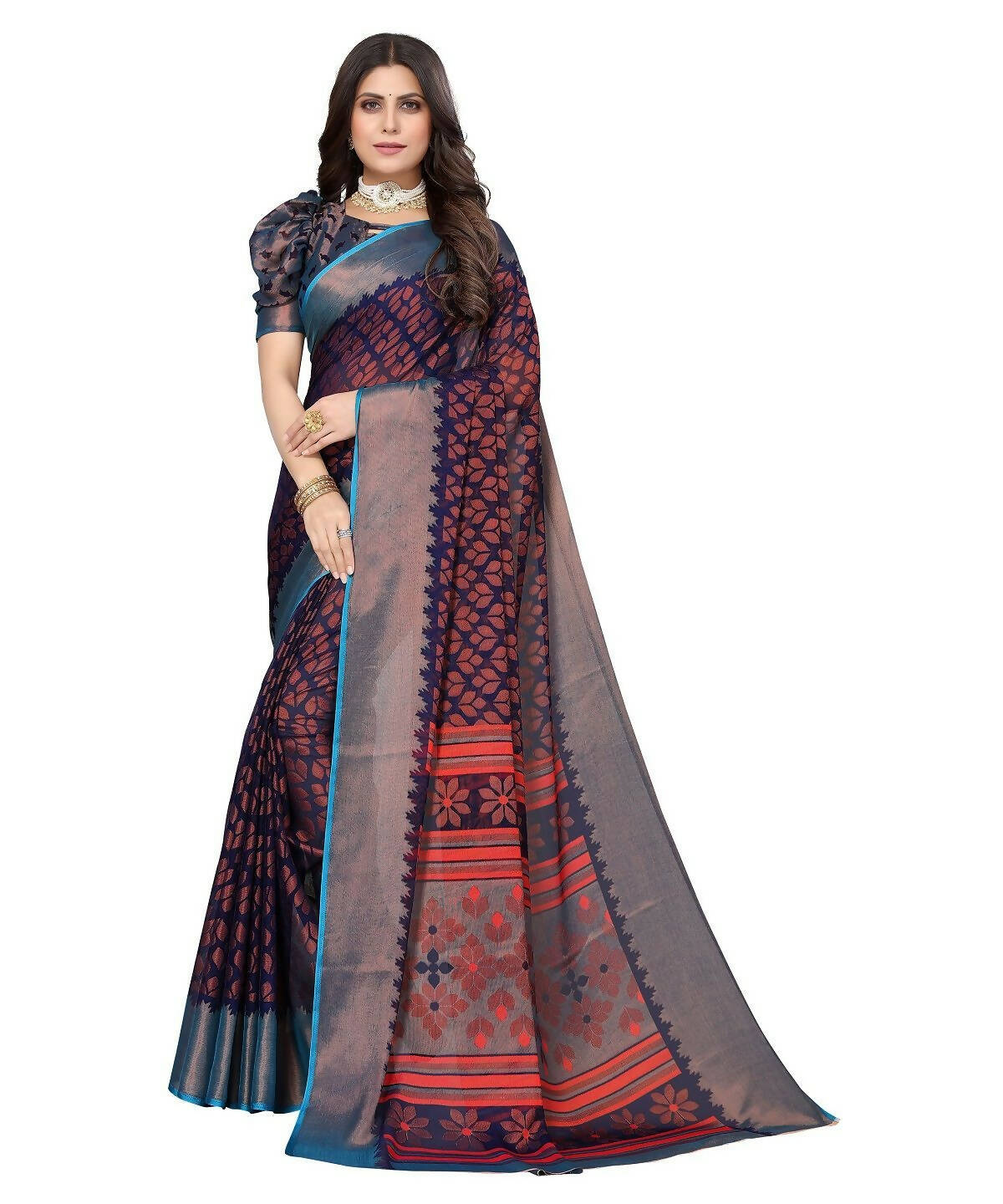 Vamika Navy Chiffon Brasso Bollywood Style Woven Saree (ALIZA NAVY) - Distacart